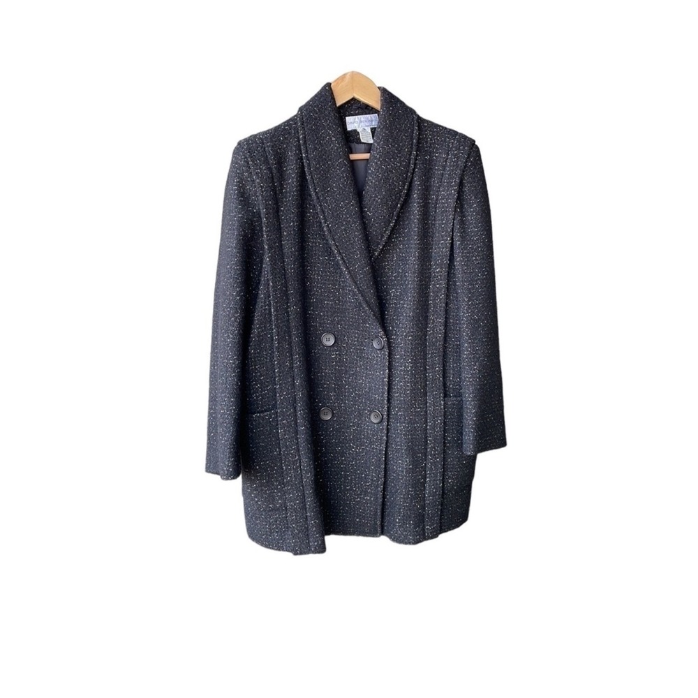 David Benjamin Peacoat Jacket Pure New Wool Tweed Charcoal Grey Shawl Collar 14